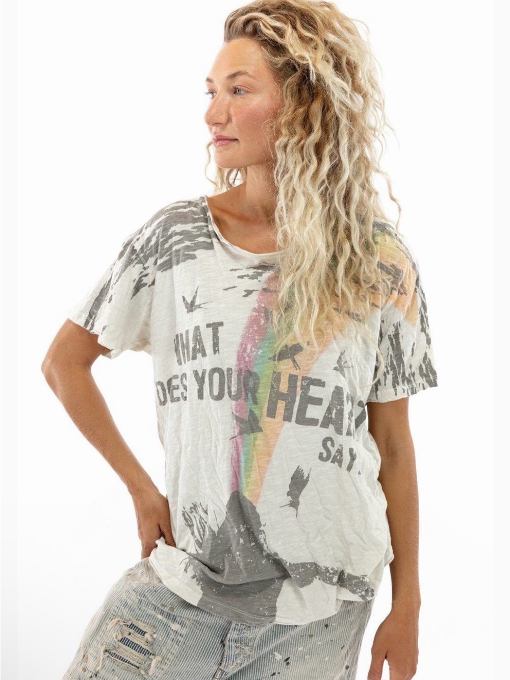 Magnolia Pearl White and Gray Rainbow Heart Graphic Tee
